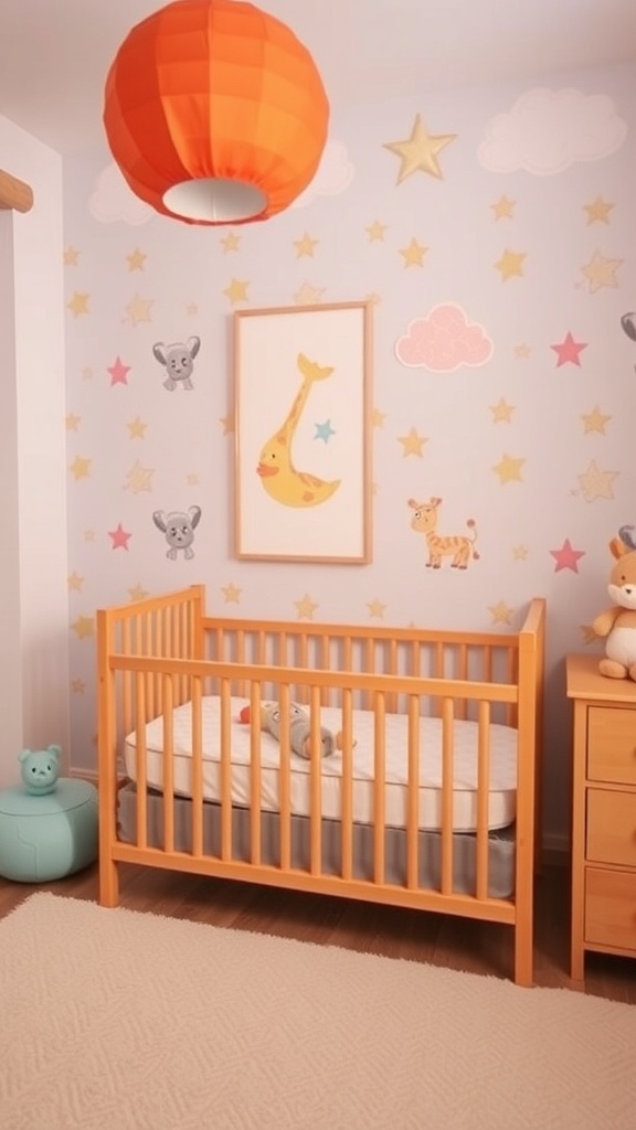 A cozy nursery with playful wall decals featuring animals, stars, and clouds, alongside a wooden crib and colorful decor.