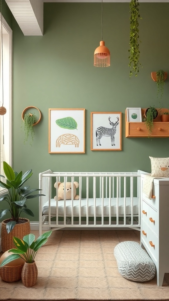 A nursery with sage green walls, a white crib, and plants, featuring nature-themed artwork.