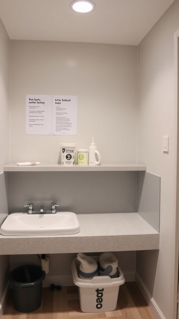 A clean and organized baby changing station with a sink, storage, and easy-clean surfaces.