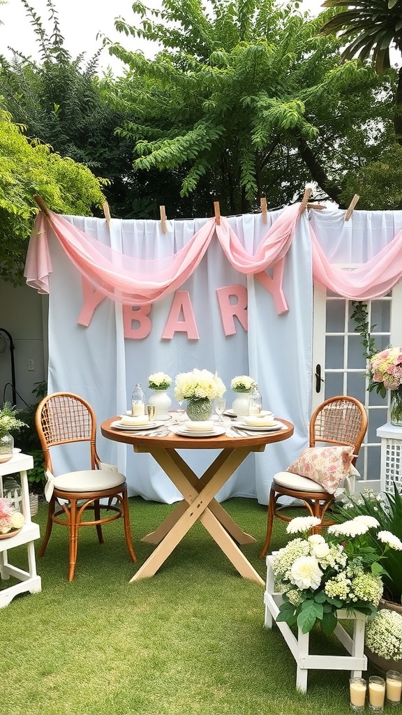 A beautifully arranged outdoor space for a baby shower with floral decorations, a wooden table, and wicker chairs.