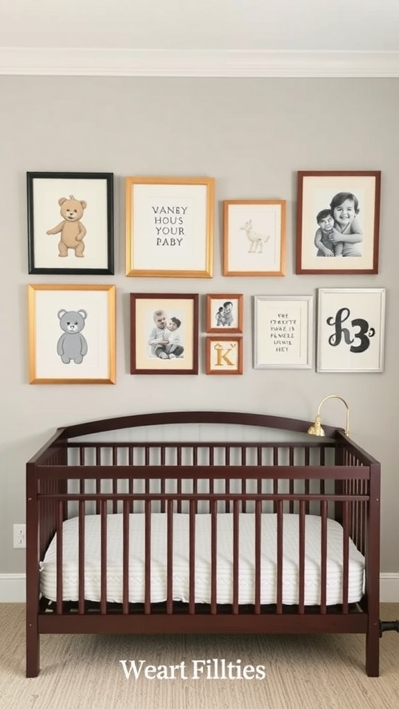 Gallery wall of baby art above a crib with various framed pictures