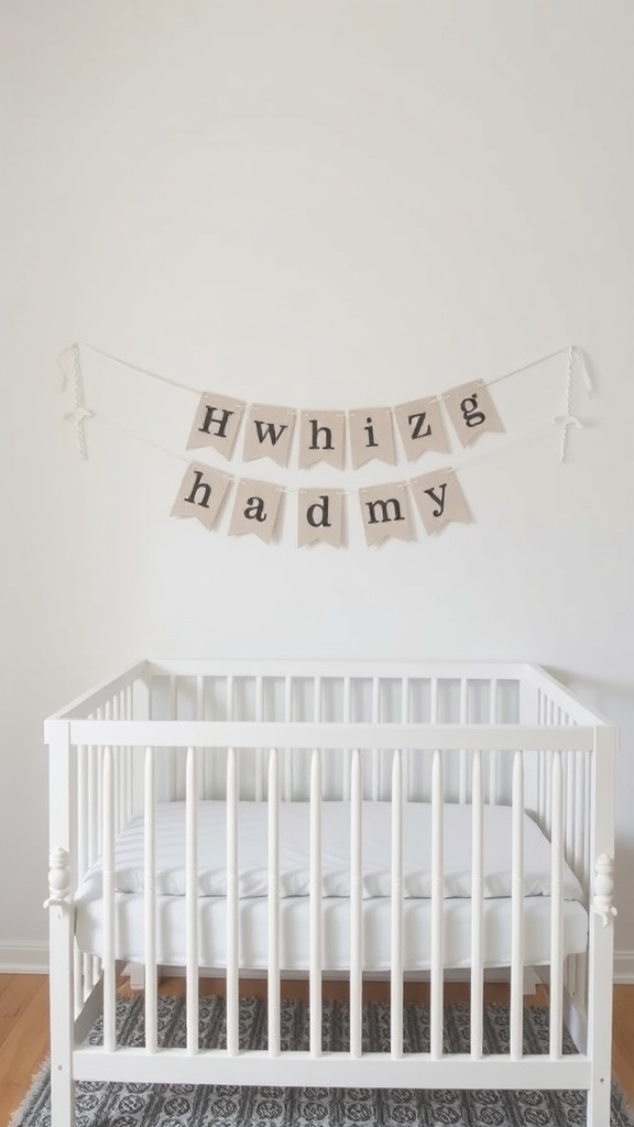 A name banner hanging above a white crib in a nursery