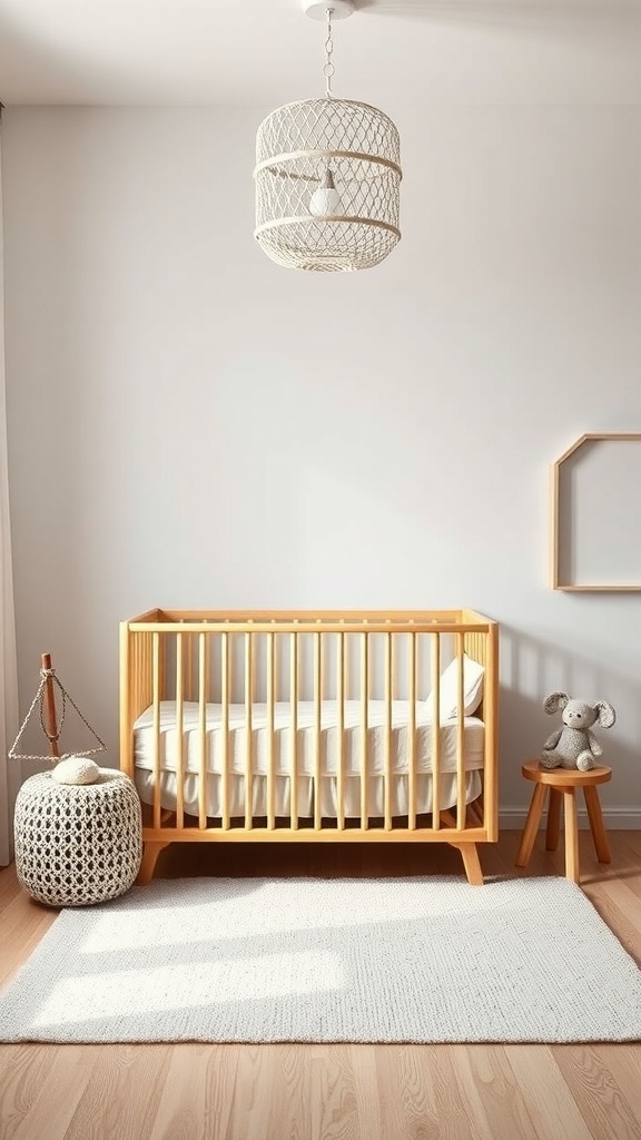 A minimalist Scandinavian nursery featuring a light wood crib, woven light fixture, and neutral decor.
