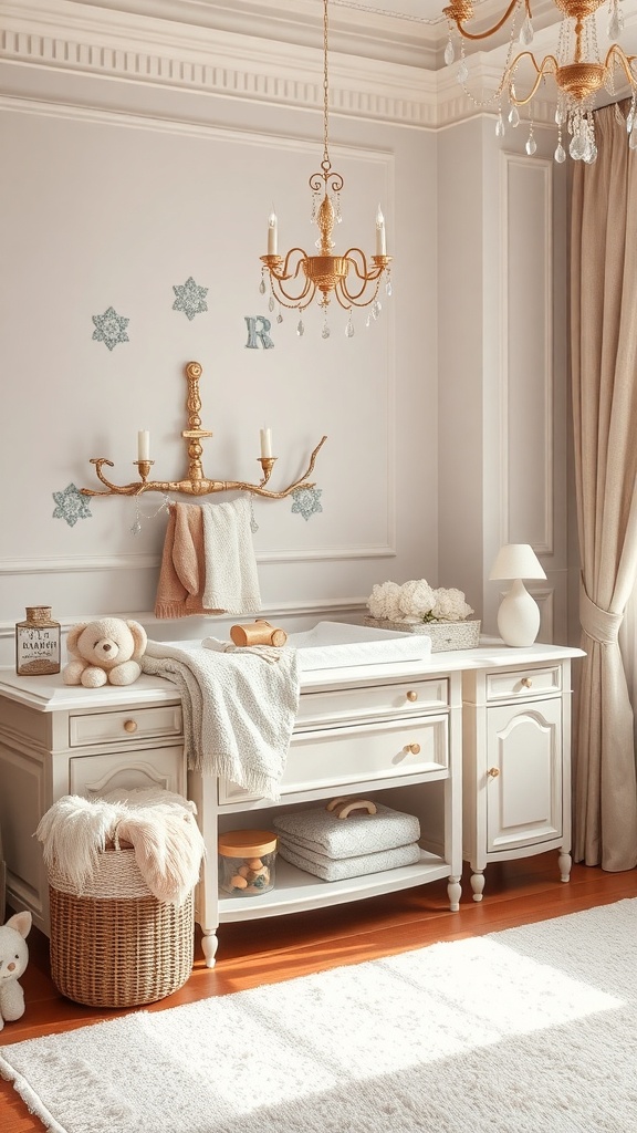 A stylish luxury changing station featuring soft fabrics, elegant decor, and a cozy atmosphere.