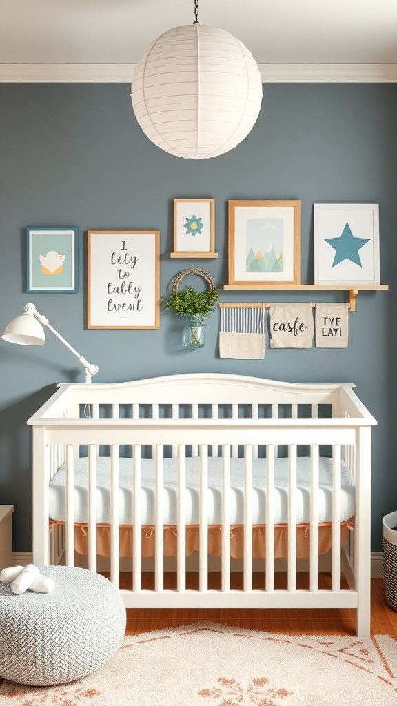 A gender-neutral nursery featuring a crib, playful wall art, and soft colors.