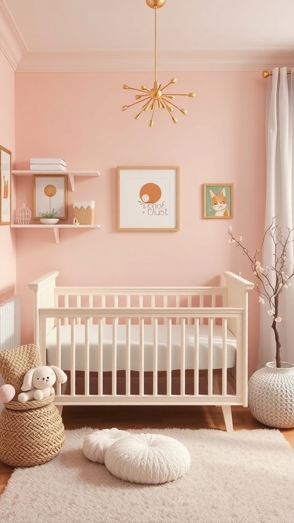 A nursery painted in blush pink with a wooden crib, cozy decor, and playful artwork.