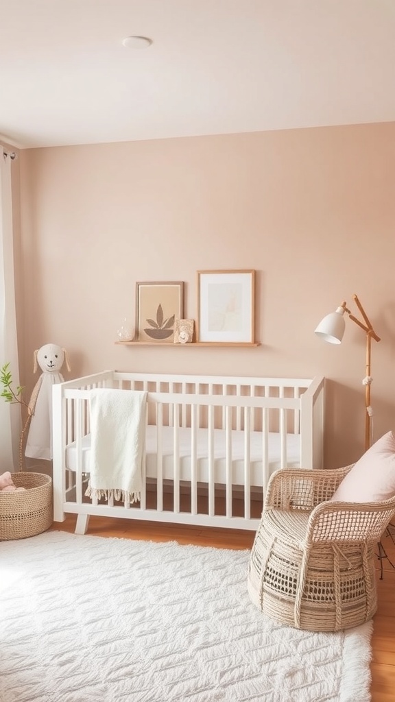 A calming gender neutral baby nursery with peach walls, a white crib, and cozy textures.