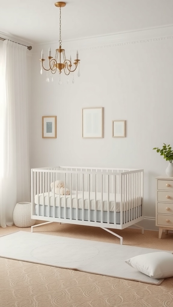A stylish white crib in a serene nursery with a chandelier and soft decor.