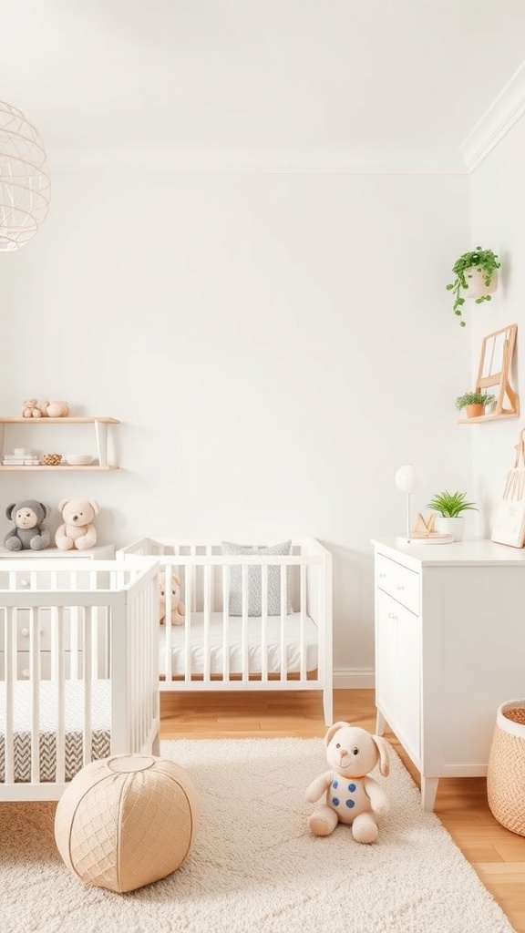 A bright and airy gender-neutral baby nursery featuring two cribs, a cozy rug, plush toys, and versatile furniture.