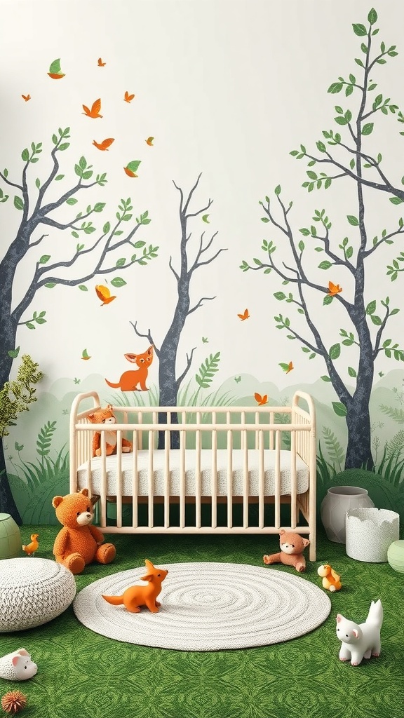 A nursery with an enchanted forest theme featuring trees, birds, and playful animal toys.