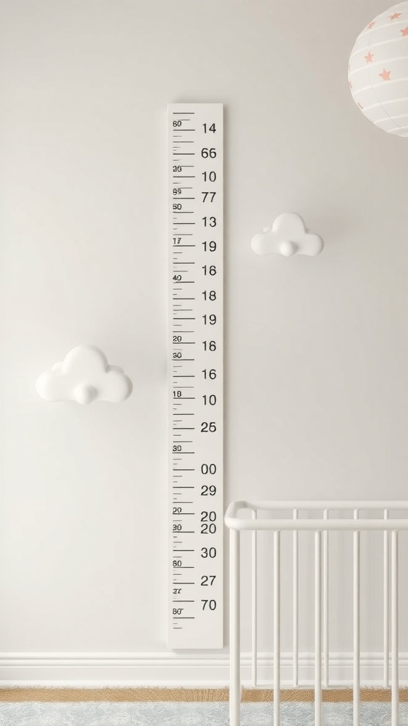 Personalized growth chart on a nursery wall with cloud decorations