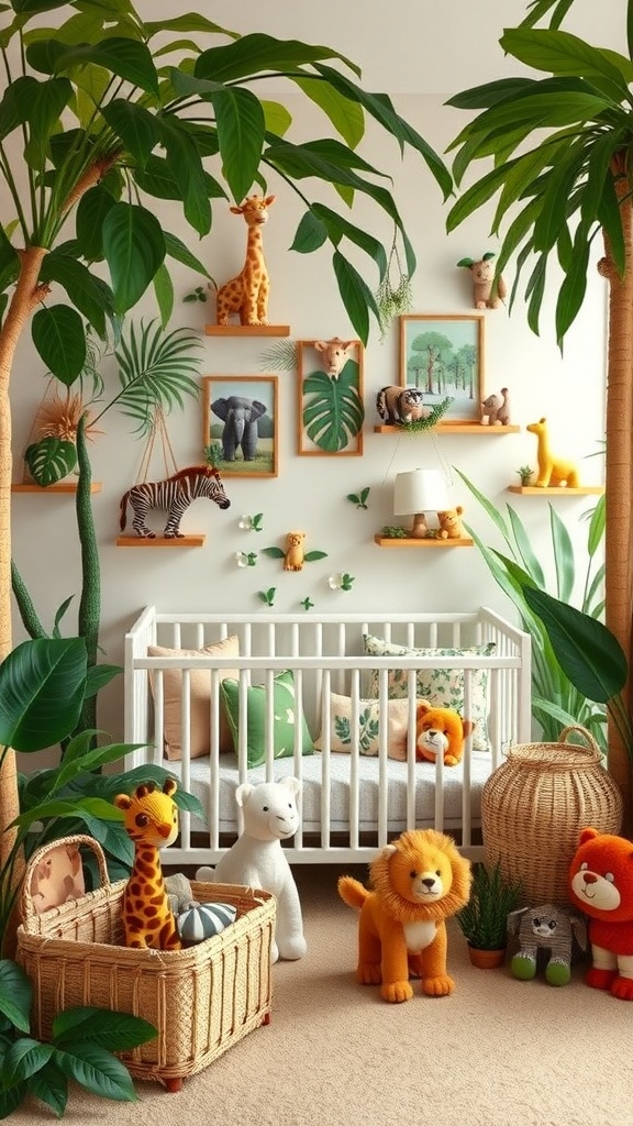 A vibrant jungle-themed nursery featuring a crib, plush toys, and leafy plants.