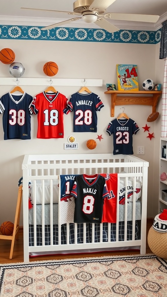 A nursery decorated with sports jerseys, basketballs, and a crib, creating a sports-themed atmosphere.