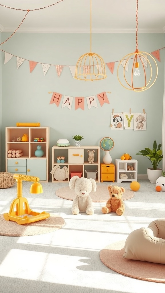 A gender-neutral baby nursery with light blue walls, orange accents, plush toys, and a cheerful 'HAPPY' banner.