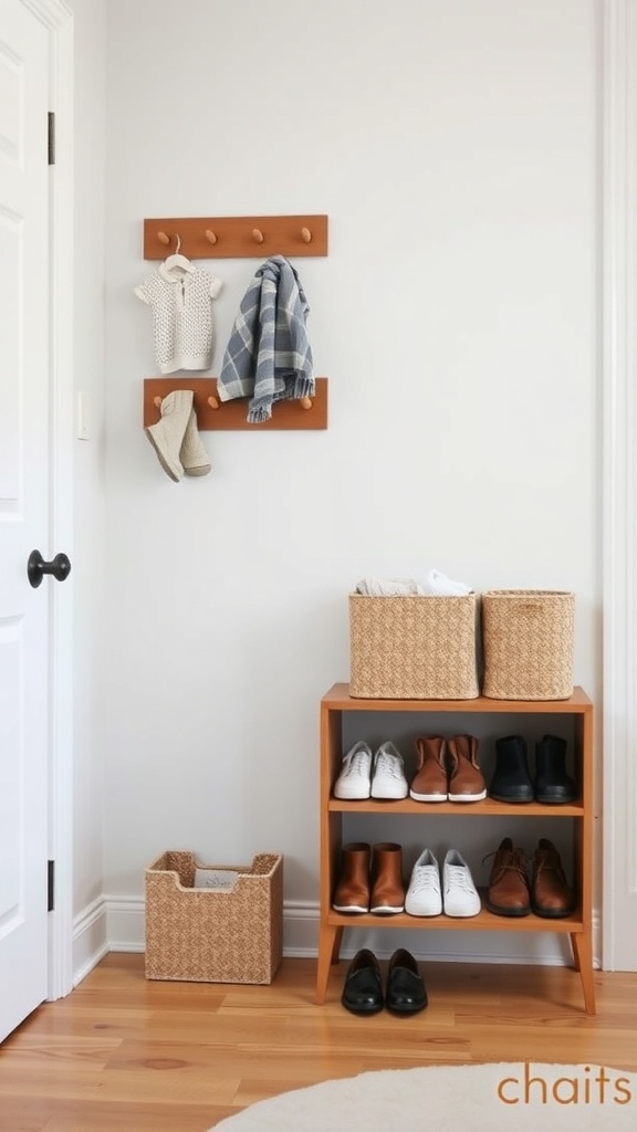 A tidy nursery shoe storage solution featuring a shoe rack, hooks, and baskets.