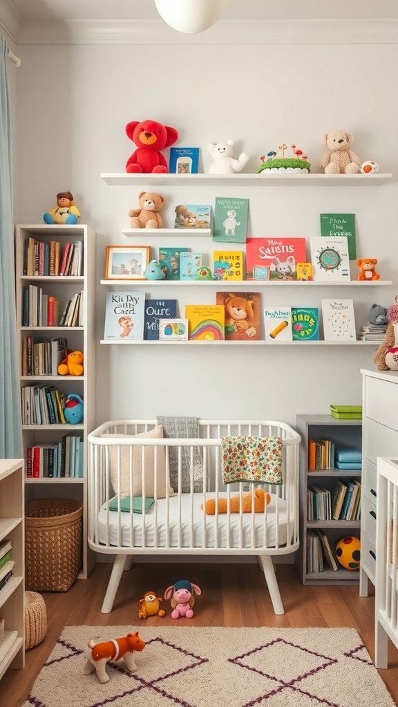 A cozy nursery featuring vertical storage with shelves and a tall bookshelf, showcasing books and toys.
