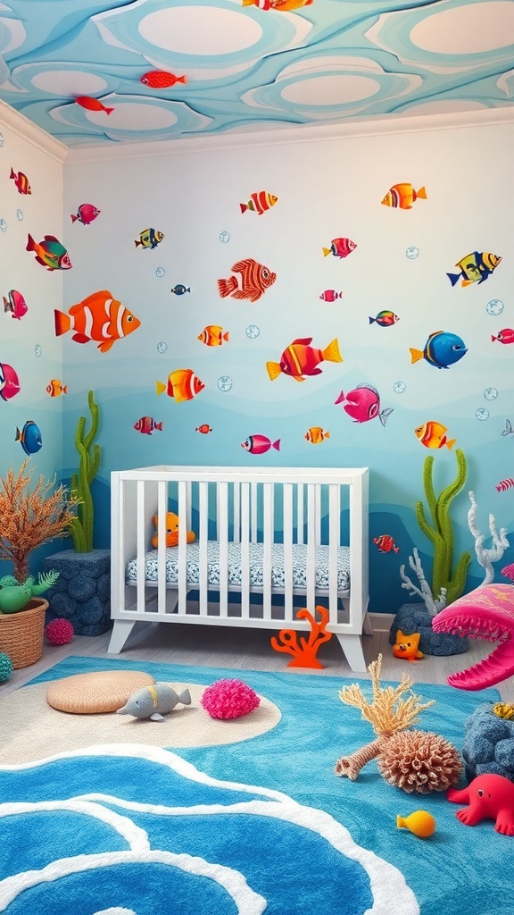 A colorful nursery designed with an underwater theme, featuring a white crib, vibrant fish wall decals, and playful sea creature decorations.