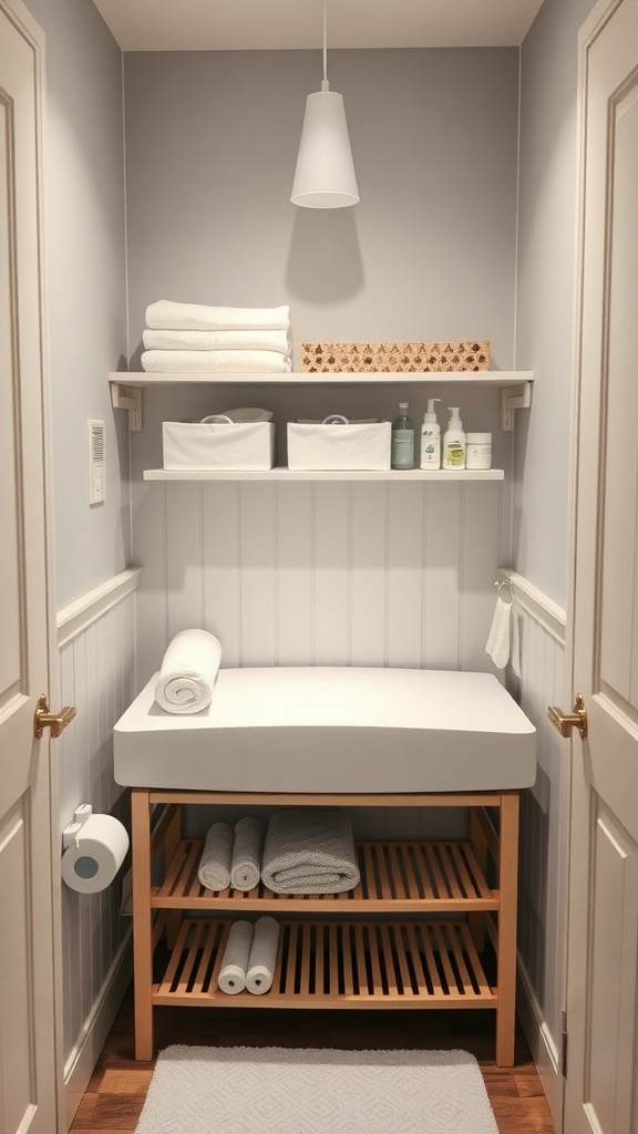 A cozy bathroom nook with a changing table, shelves, and soft lighting.