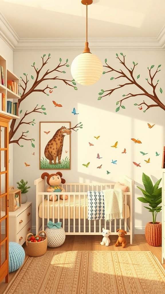 A whimsical baby nursery featuring tree decals, butterflies, a crib, and soft toys.