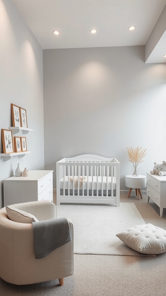 A serene nursery with soft gray walls, a white crib, and cozy decor.