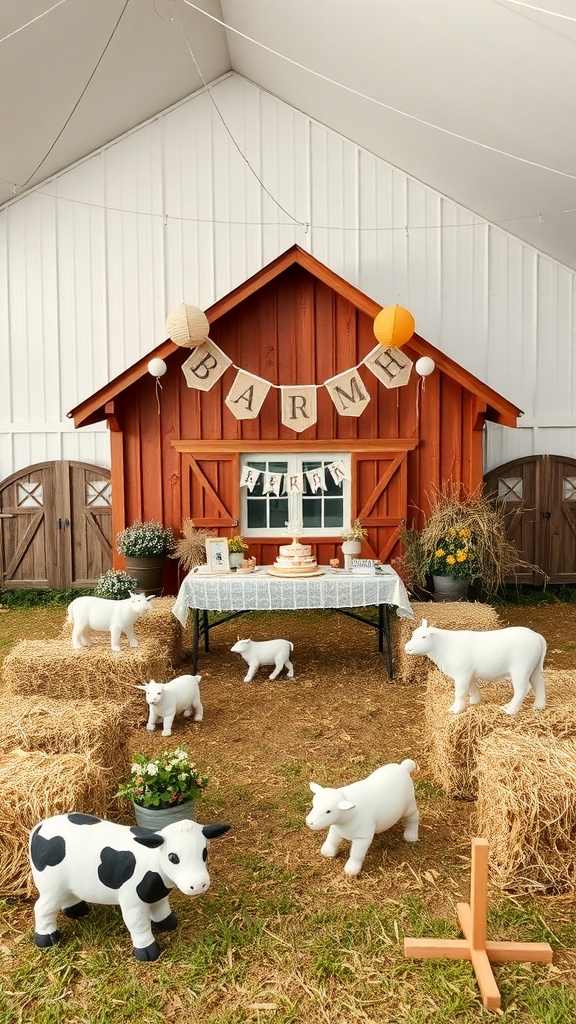 A farmyard themed baby shower setup featuring a red barn backdrop, hay bales, and cute animal decorations.