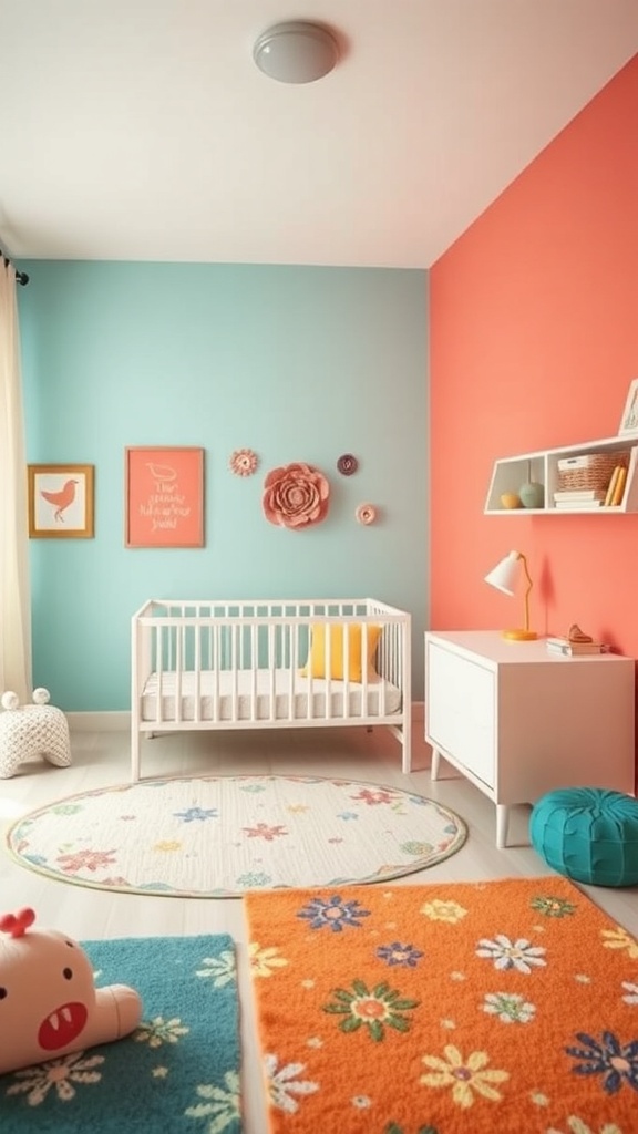 A bright coral nursery with a crib, colorful rugs, and cheerful decor.