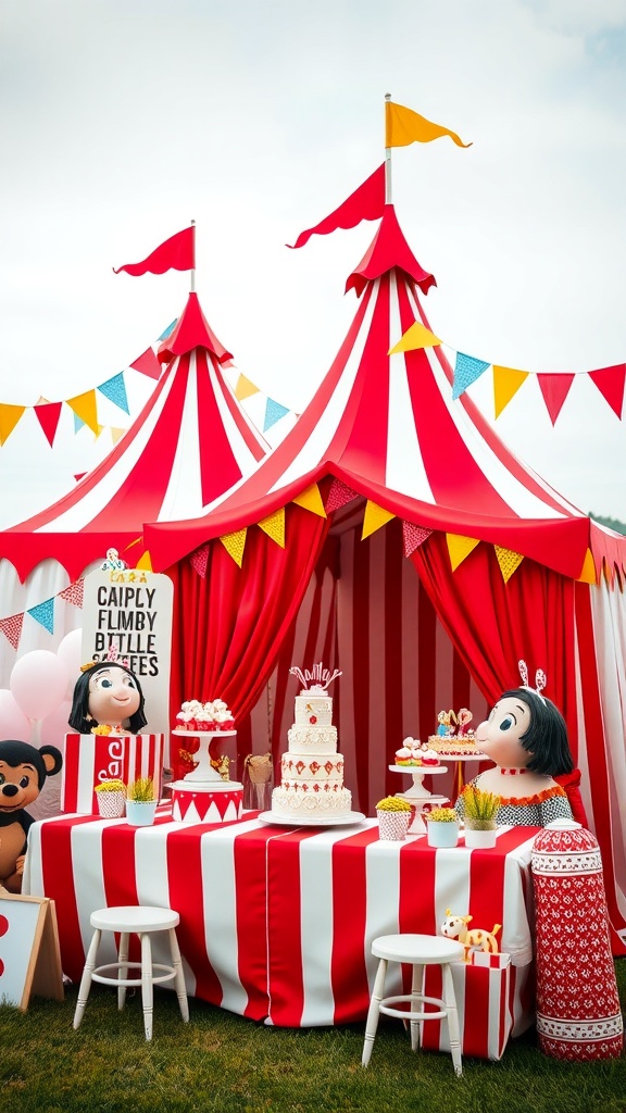 A colorful circus-themed baby shower setup with striped tents, festive decorations, and a dessert table.