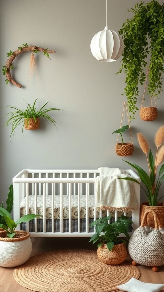 A cozy nursery with nature-inspired decor featuring plants, a crib, and natural elements.