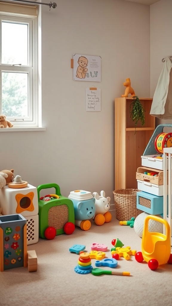 A cozy nursery with colorful toys and organized storage, showcasing a toy rotation system.