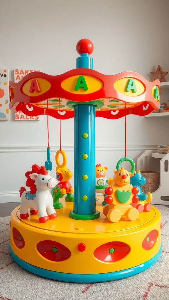 A colorful rotating toy carousel with animal figures in a nursery setting.