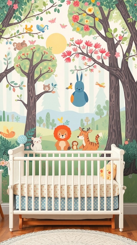 A colorful wall mural featuring animals and trees in a nursery setting.