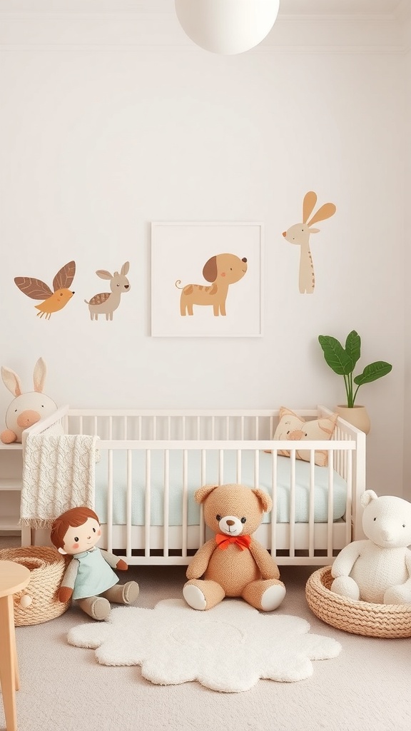 A cozy nursery featuring whimsical animal themes with a crib, plush toys, and animal wall art.