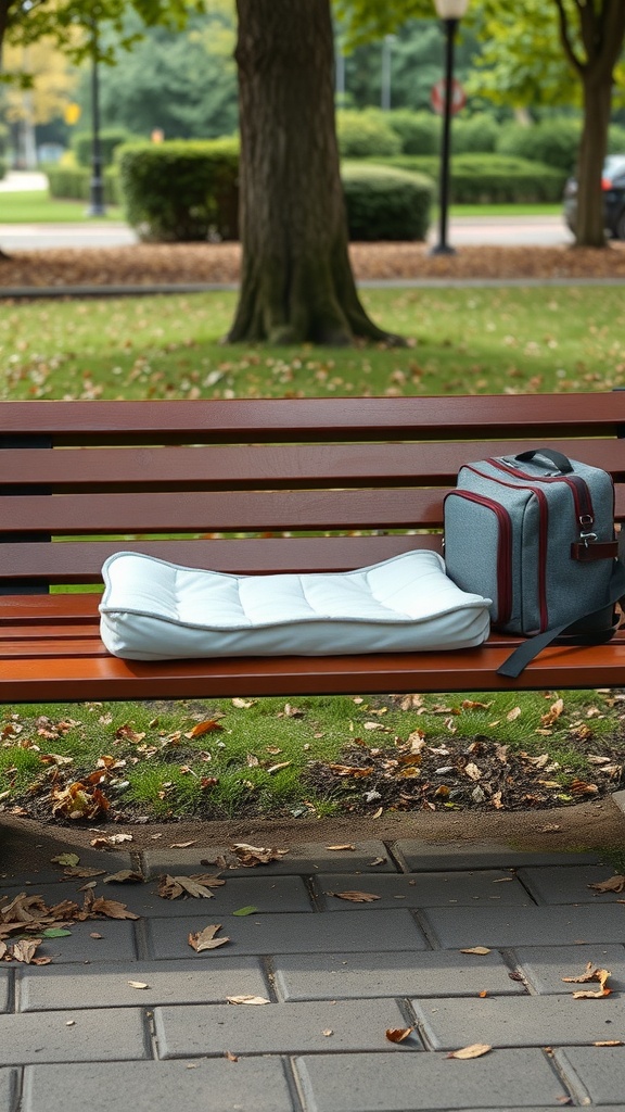 A portable changing pad on a park bench next to a backpack.