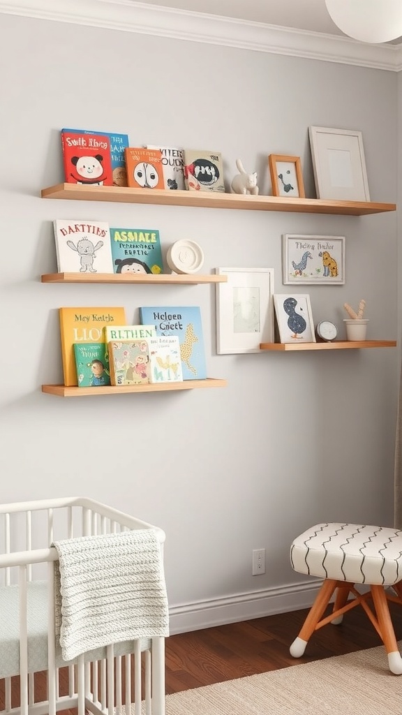 Wall-mounted bookshelves displaying colorful children's books and decorative items in a nursery