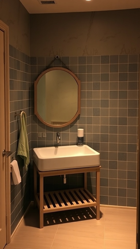 A changing station featuring a sink, wooden base, and built-in lighting in a modern bathroom.