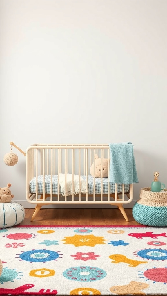 Colorful nursery rug with playful designs, featuring shapes and characters, alongside a crib and cozy decor.
