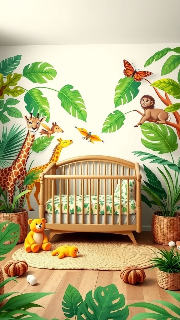 A baby nursery designed with a safari theme, featuring animal illustrations, a wooden crib, and lush greenery.