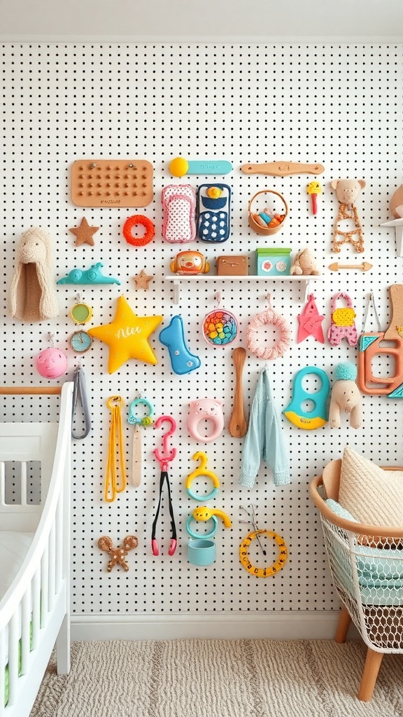 Colorful pegboard wall in a nursery displaying various toys and accessories.
