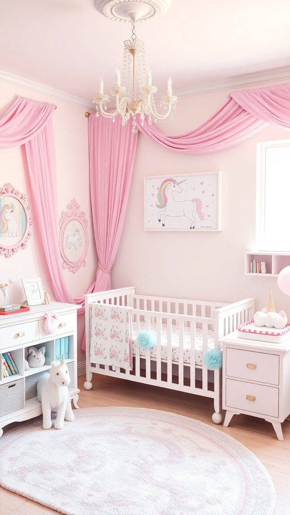 A beautifully decorated nursery with a unicorn theme, featuring a white crib, pink curtains, and whimsical decor.