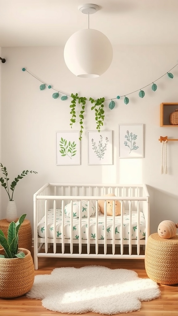A nature-inspired nursery featuring a crib, plants, and botanical art.