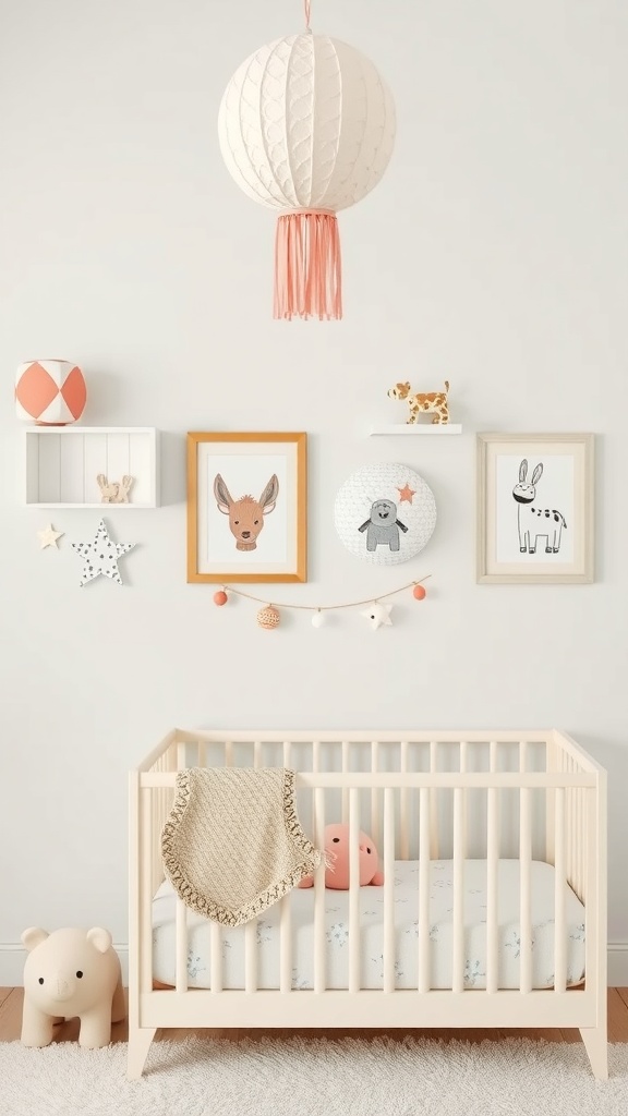 A gender-neutral nursery featuring whimsical wall art, including animal illustrations and a paper lantern.