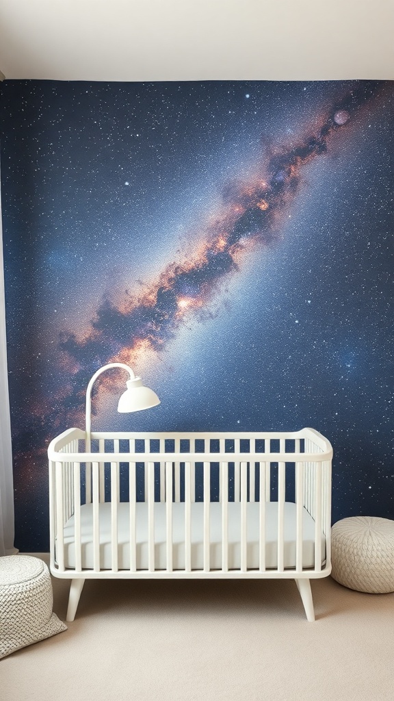 A nursery with a starry night sky mural on the wall, featuring a crib and soft lighting.