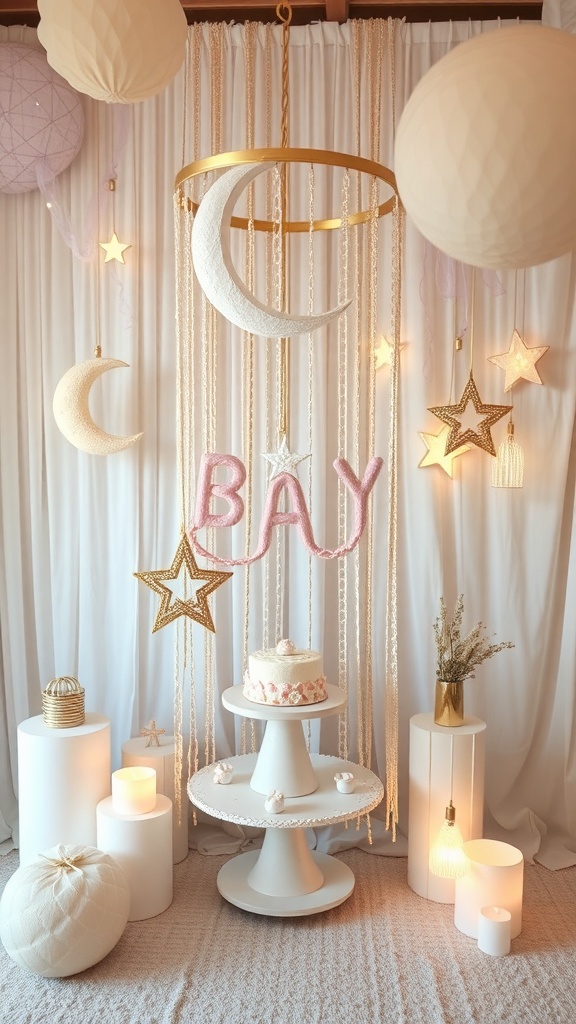 A baby shower setup with a moon and stars theme, featuring a crescent moon, stars, and a cake on a stand.