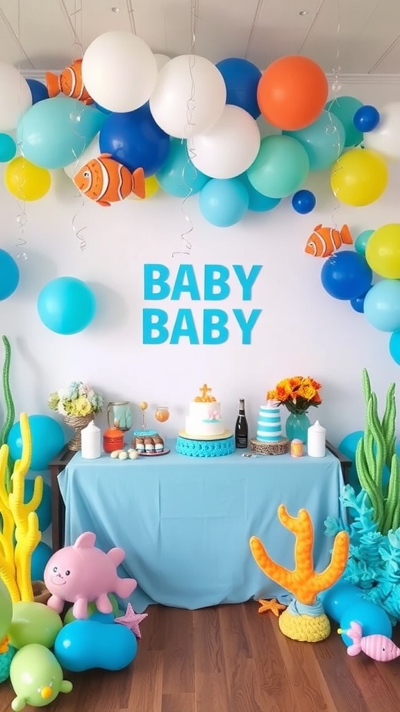 A colorful under the sea themed baby shower setup with balloons, a cake, and playful decorations.