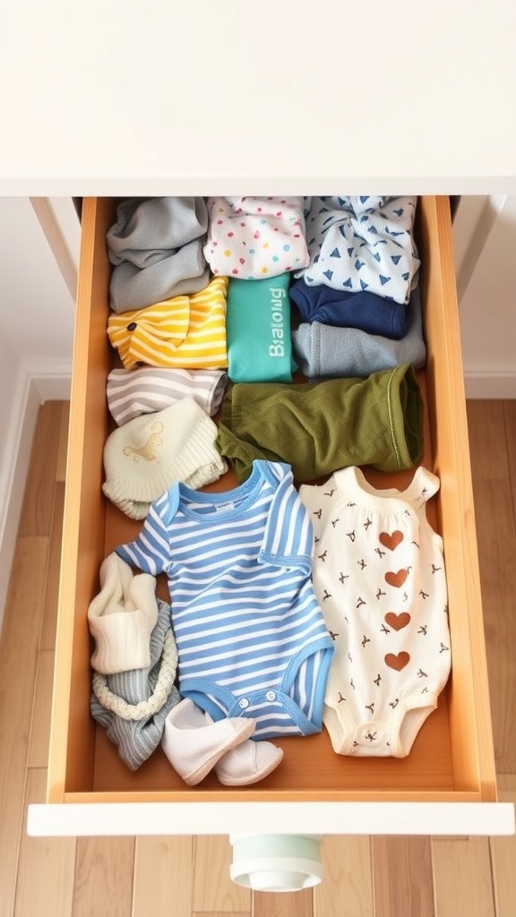 A neatly organized drawer filled with baby clothes, including onesies, socks, and hats, separated by dividers.