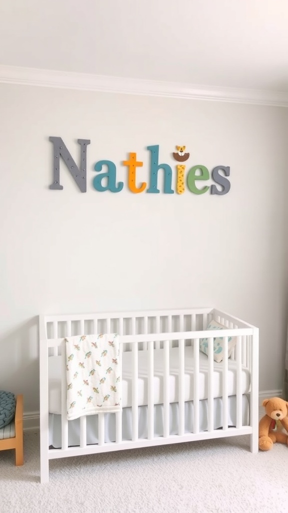Colorful personalized name decor spelling 'Nathies' on a nursery wall