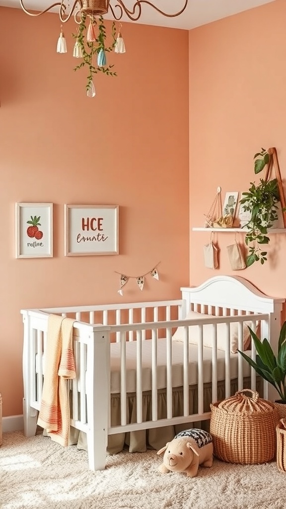 A nursery painted in soft peach with a white crib, playful artwork, and cozy decor.