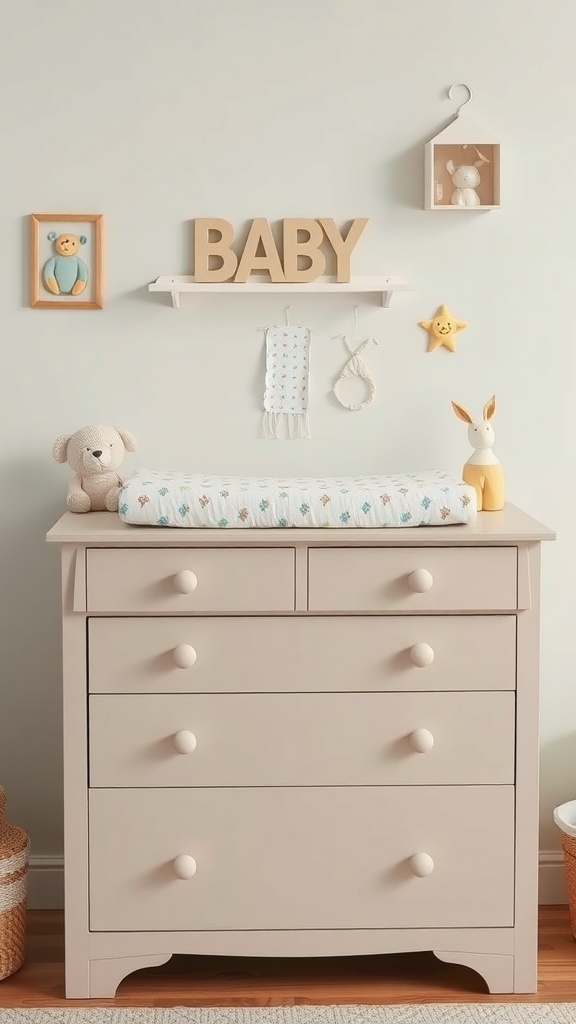 A multi-functional dresser changing station with a changing pad, drawers, and decorative items in a nursery.
