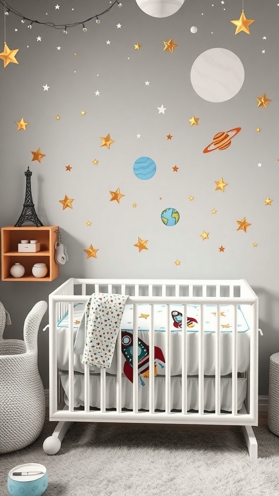 A cozy nursery with a space exploration theme, featuring stars and planets on the wall, a crib with a rocket blanket, and a soft rug.