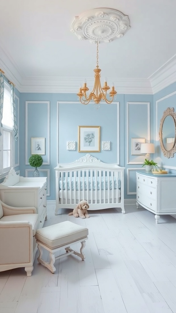 A classic blue and white nursery for a baby boy with elegant decor and furniture.